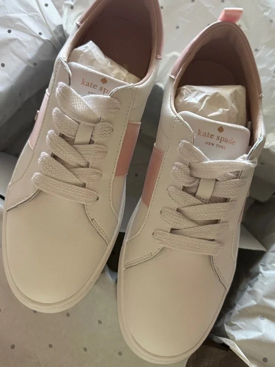 Kate Spade ♠️ New York Optic White Sneaker with Smoke Pink Detail - Picture 11 of 13